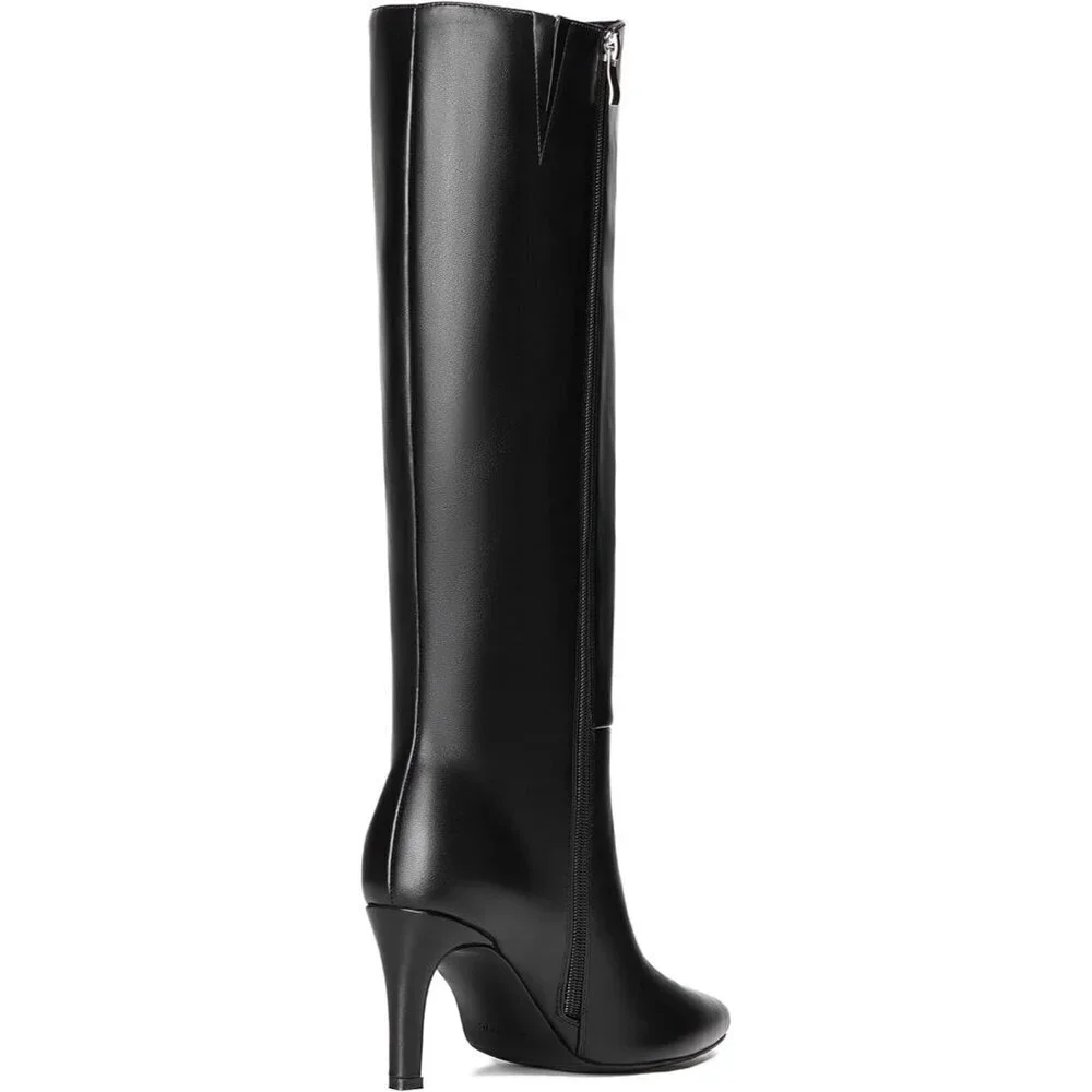 Women Stiletto Black Fur Side Zipper Pointed Toe Knee High Dress Fashion Boots